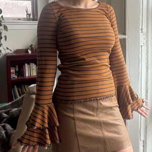 Free People Striped Flare Sleeve Top - Mustard and Black